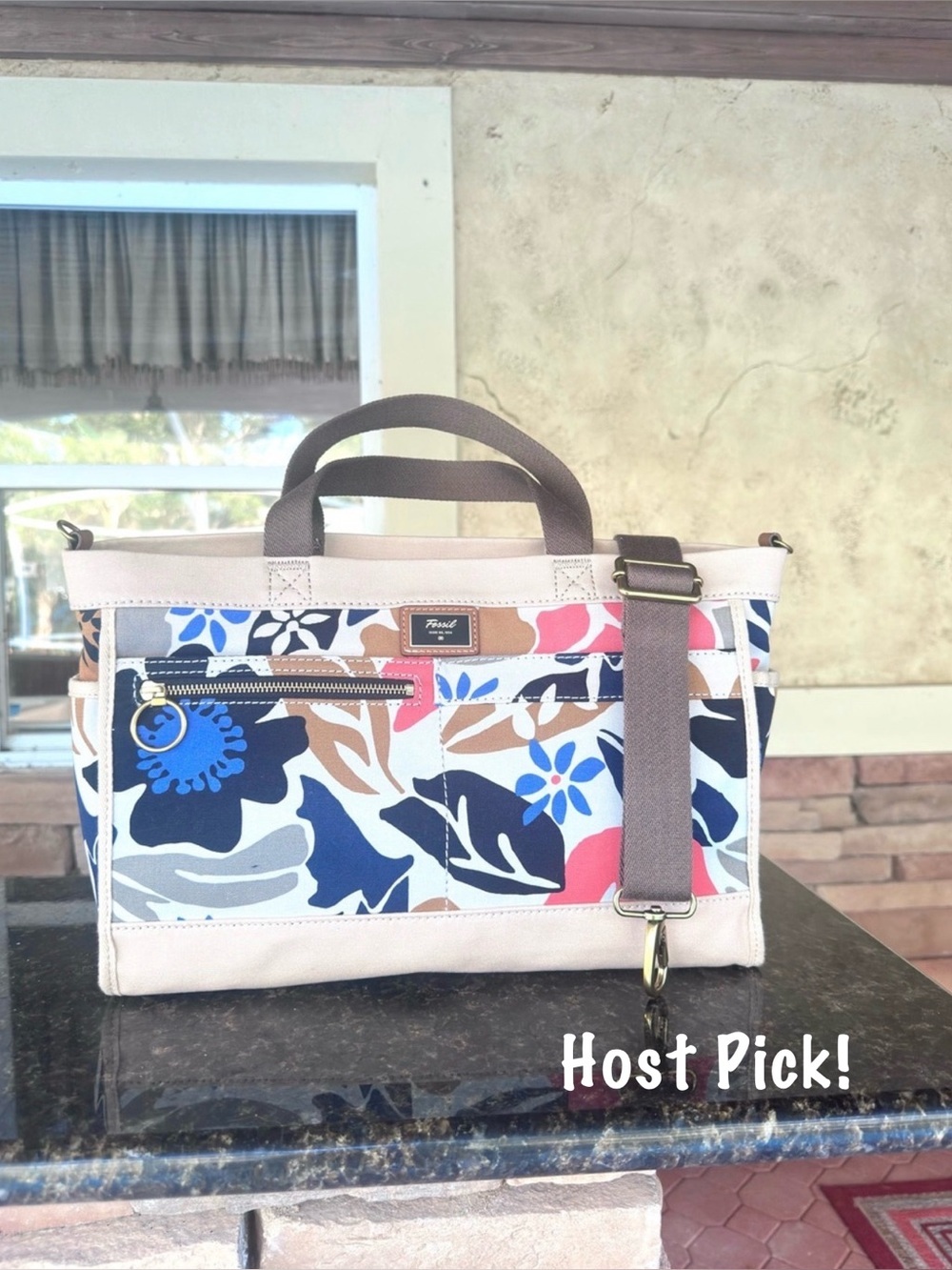 FOSSIL ~ Durable Floral Canvas Tote Bag Detachable Crossbody Strap Red Lining